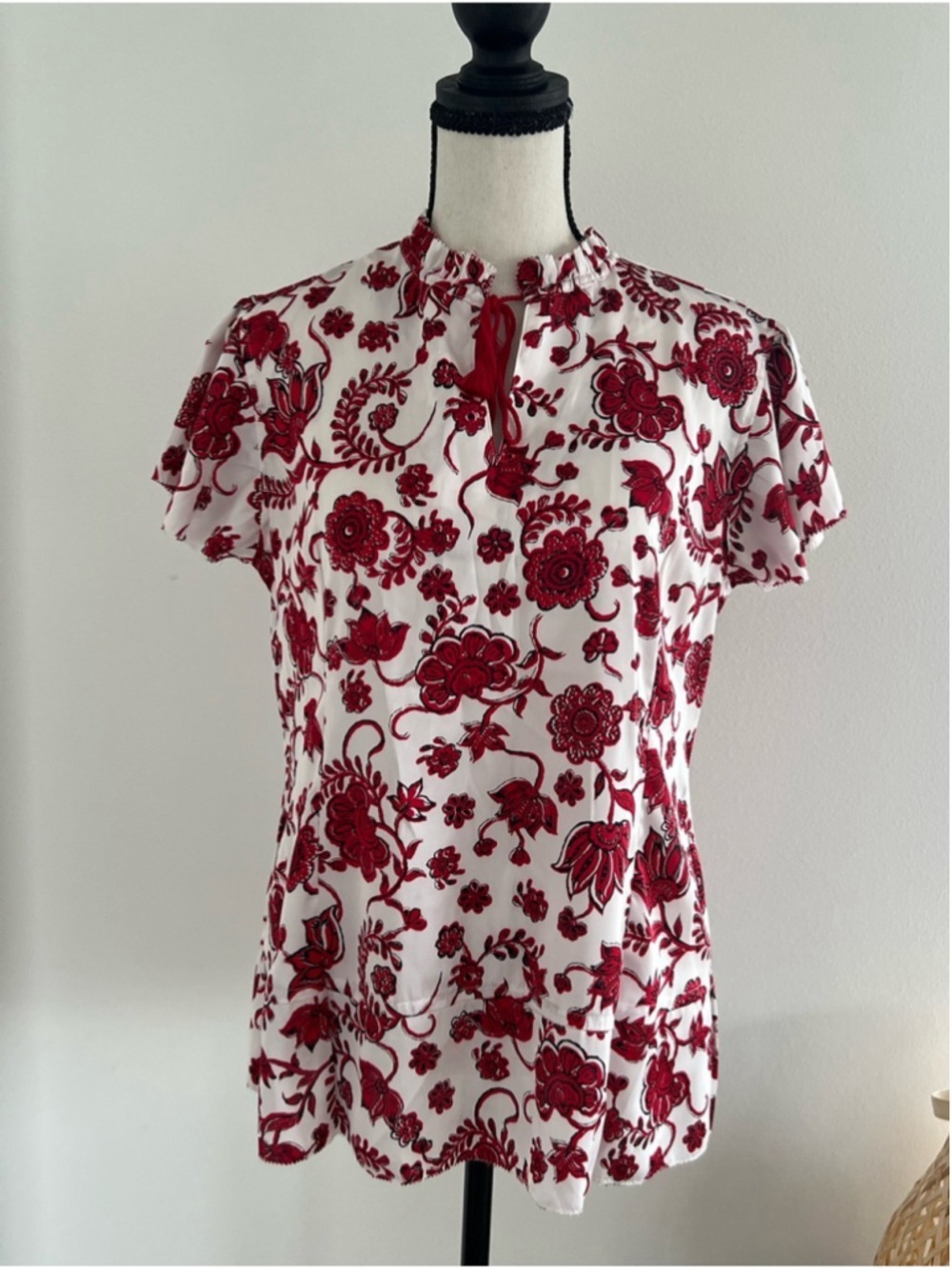 Lauren Ralph Lauren White Red Floral Print Blouse Size S Ruffle Tie Cottagecore